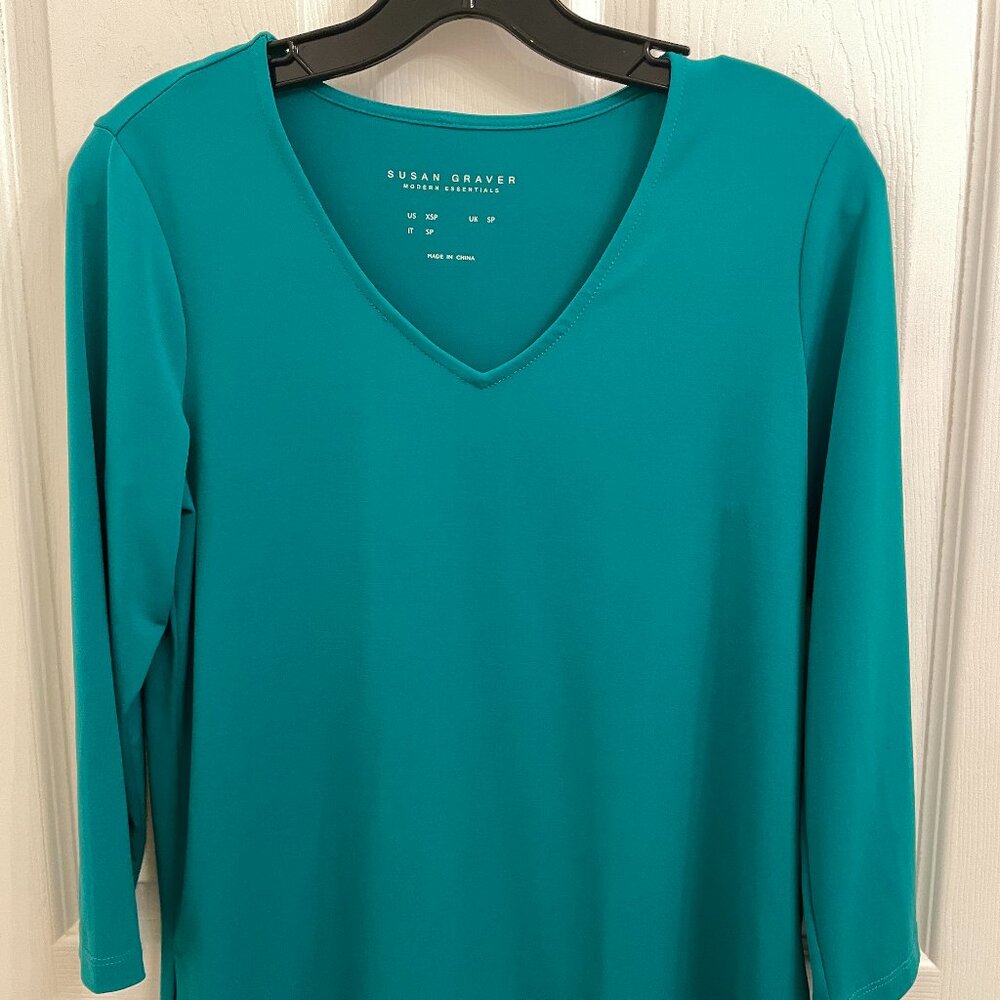 Susan Graver Modern Essentials Liquid Knit 3/4 Sleeve Green Pullover size XSP